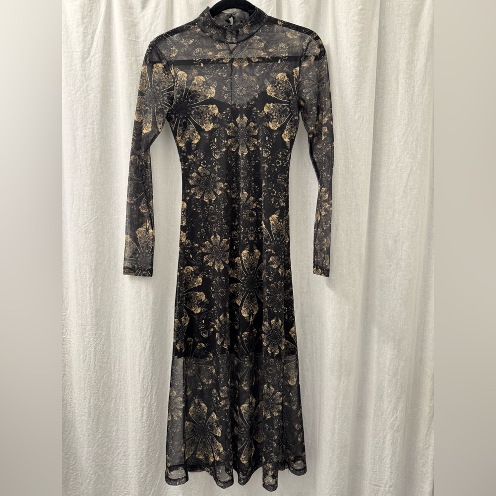 ALLSAINTS Arta Gilded Floral Mesh Midi Dress Black Gold Sheer‎ Mock Neck Goth XS